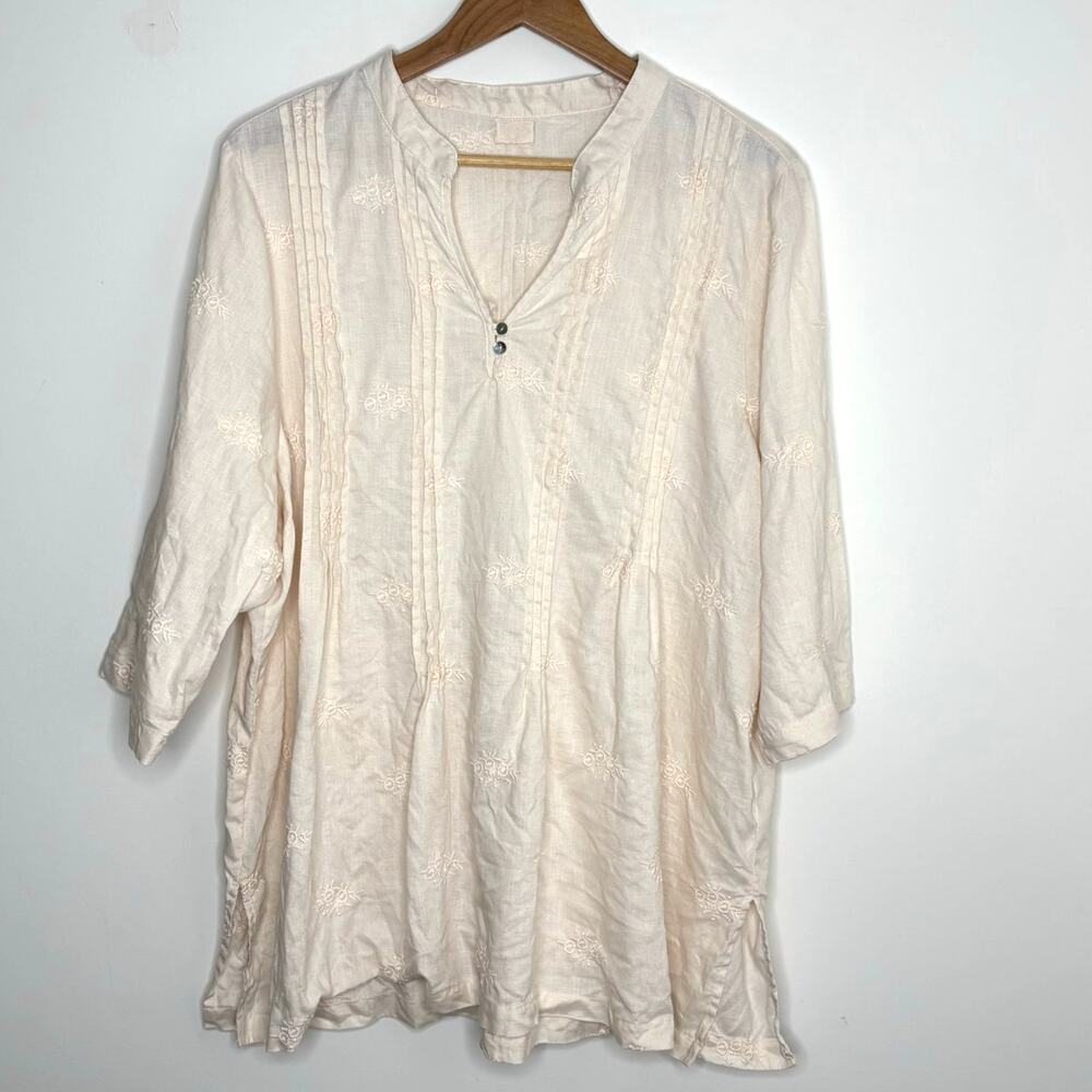 Symple NYC Linen Floral Quarter Sleeve Blouse Top Shirt Large